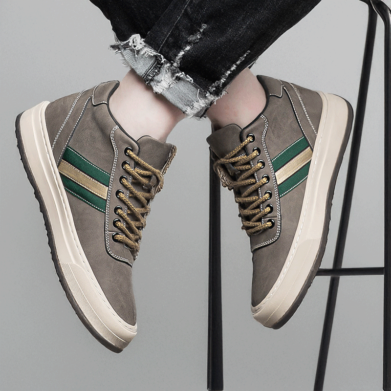 Man Sitting on Stool in Durion Brown Elevator Sneakers | Levante Shoes