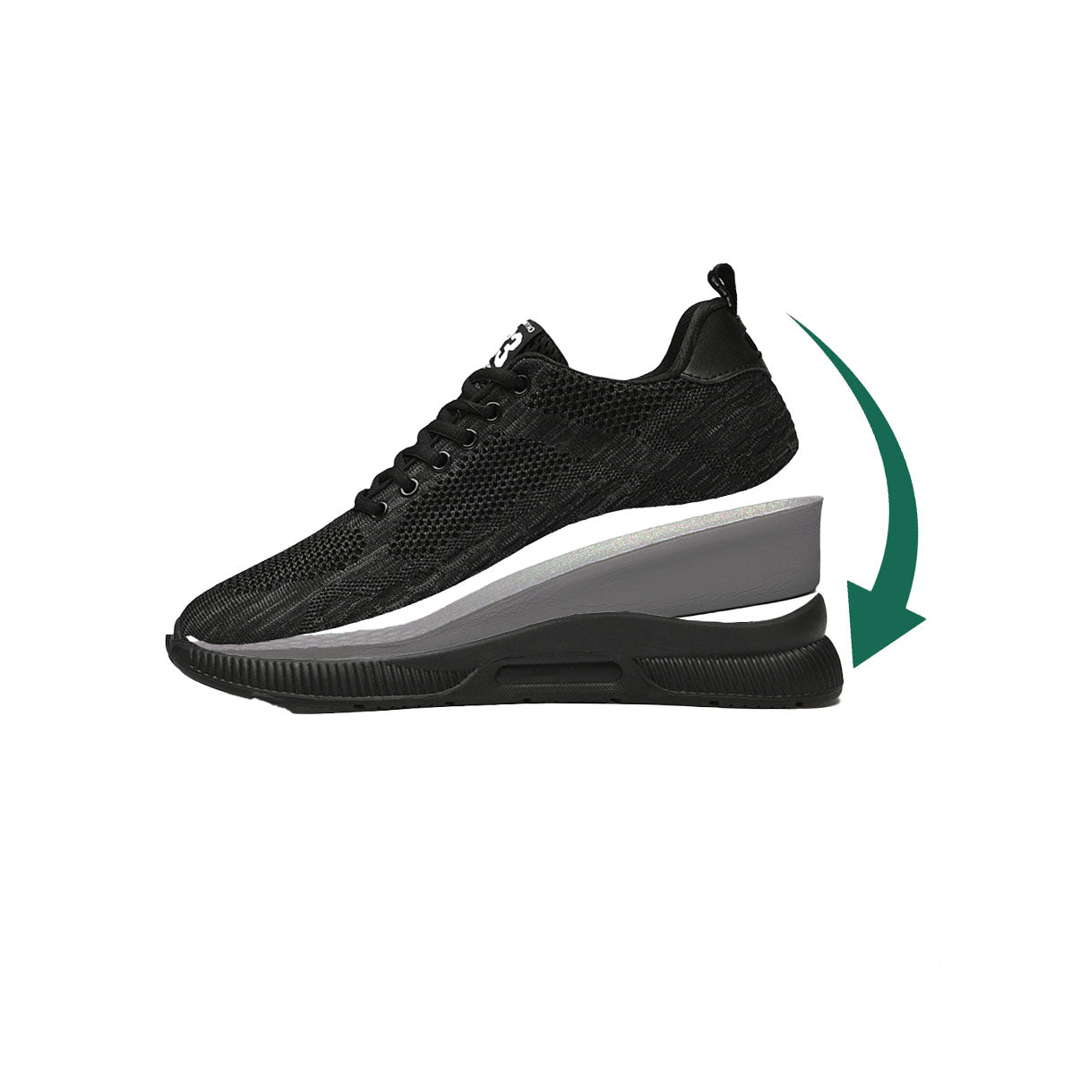 A sleek black sneaker with a textured upper and a unique layered sole design, showcased from the side with a green arrow indicating movement.