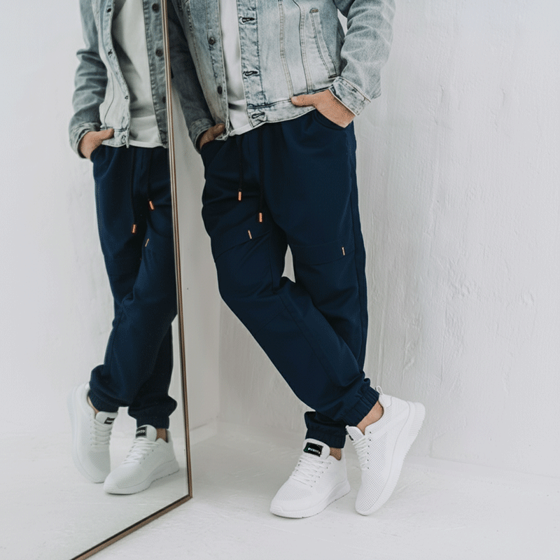 Person wearing navy jogger pants and white sneakers standing in front of a mirror.