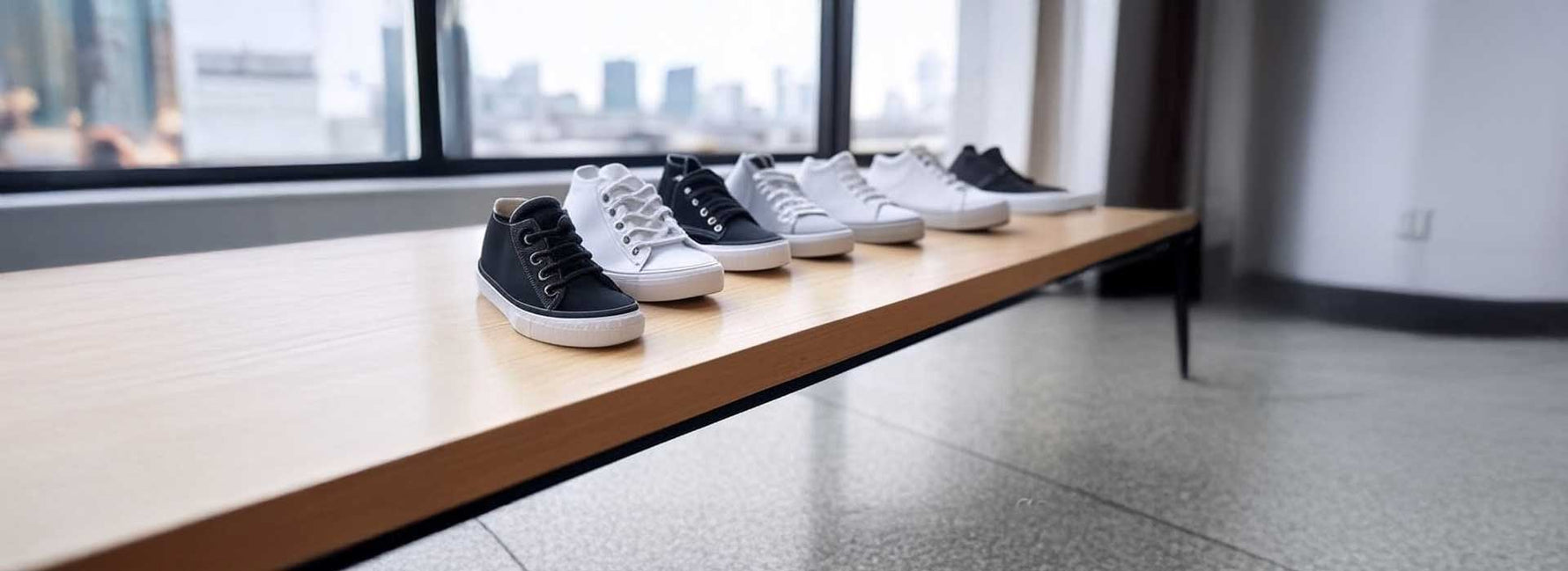 Image of multiple pairs of sneakers on a table