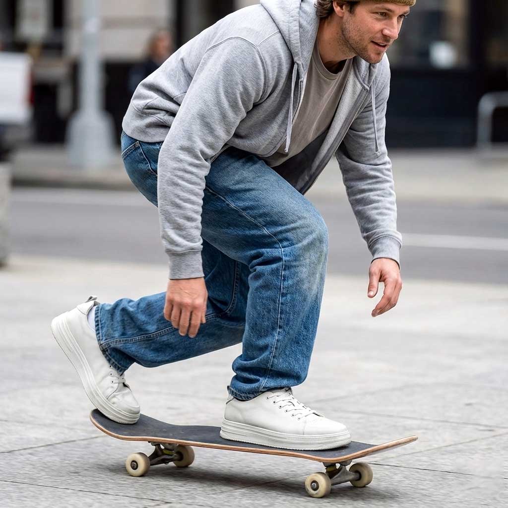 Man skateboarding on a city street in Cruze Elevator Sneakers