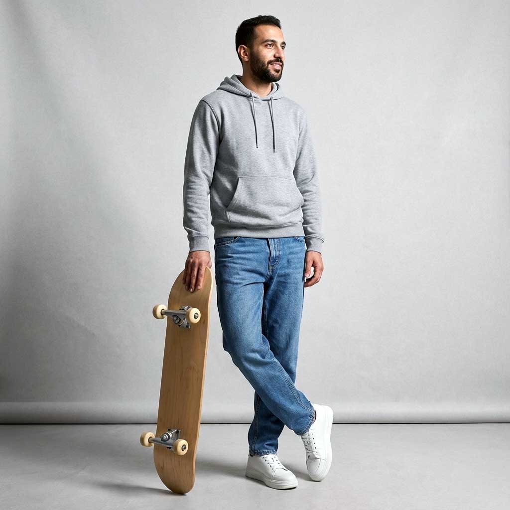 Man holding a skateboard against a plain background