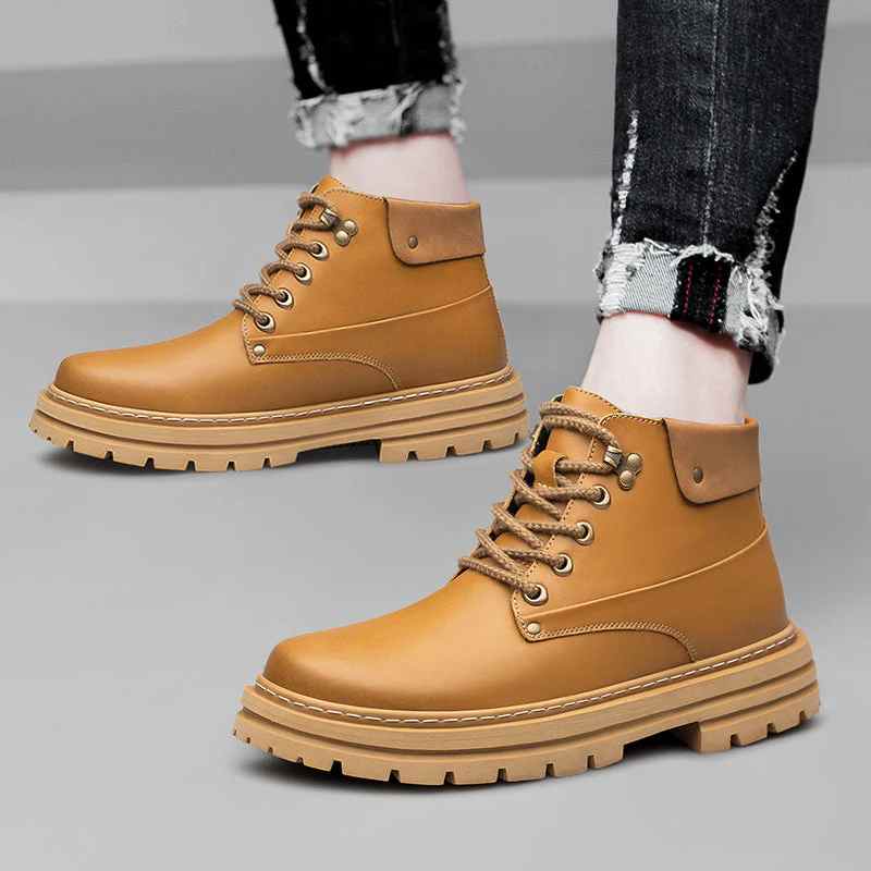 Side View of Man Standing in Rockie Brown Elevator Boots | Levante Shoes