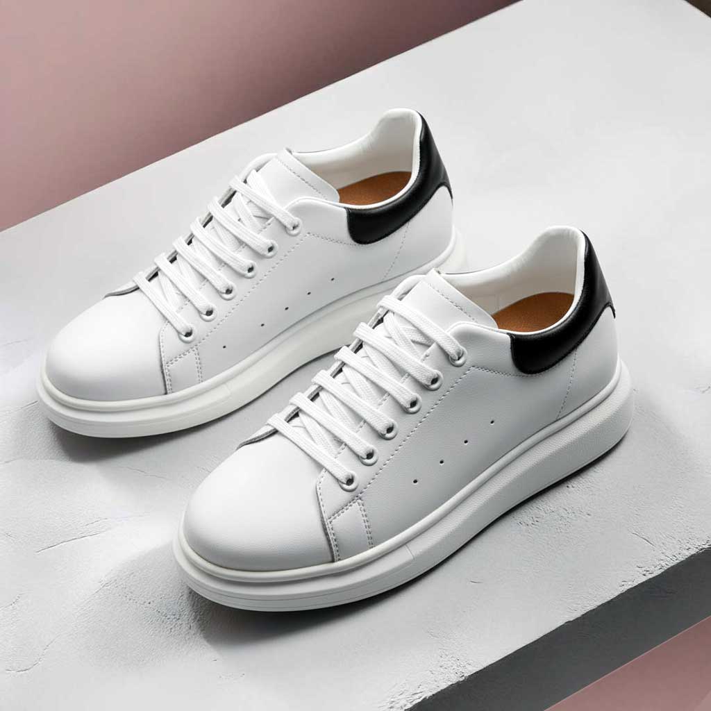 Pair of Rove white elevator sneakers on concrete block