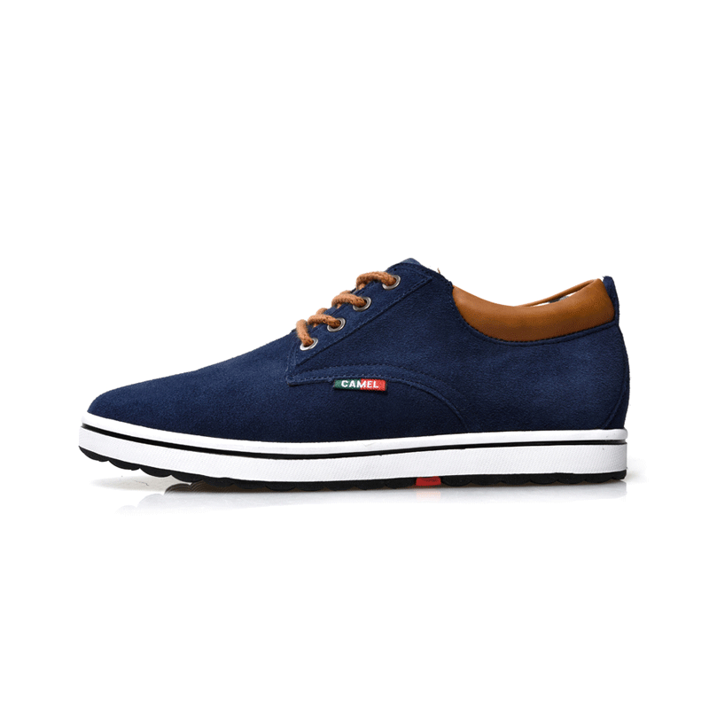 Blue casual elevator shoe with brown accents on a white background
