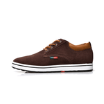 Brown casual elevator shoe with white sole on a white background