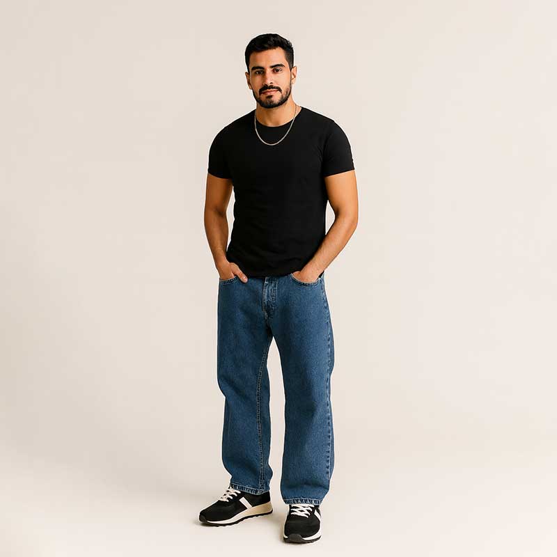 Man wearing a black t-shirt and blue jeans against a plain background
