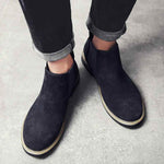 Top View of Man Standing in Monaco Navy Suede Elevator Boots | Levante Shoes