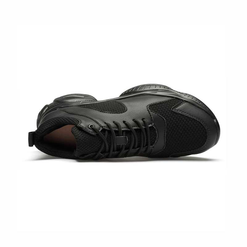 Top view of a black height boosting sneaker on a white background