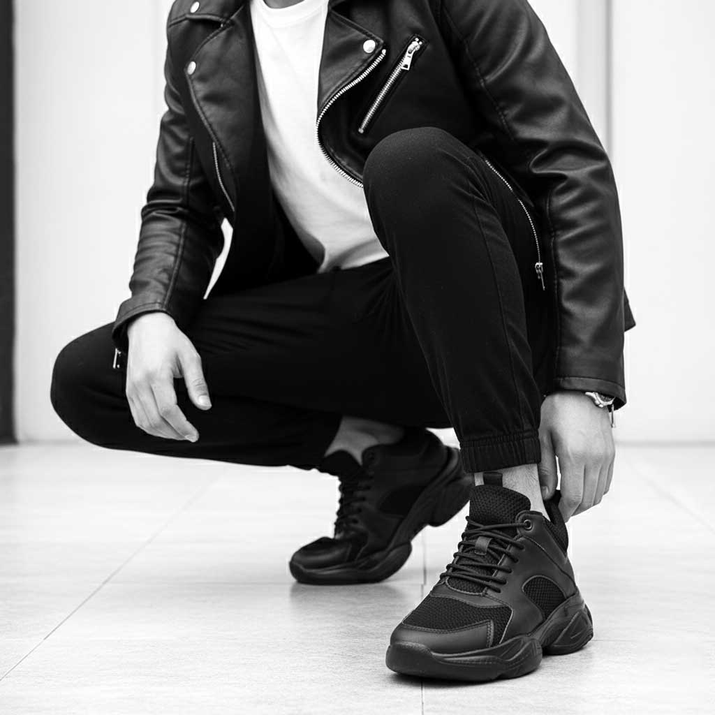 Black and white photo of a man wearing Stratus black elevator sneakers