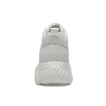 Rear view of a white elevator sneaker on a white background
