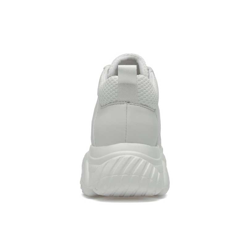 Rear view of a white elevator sneaker on a white background